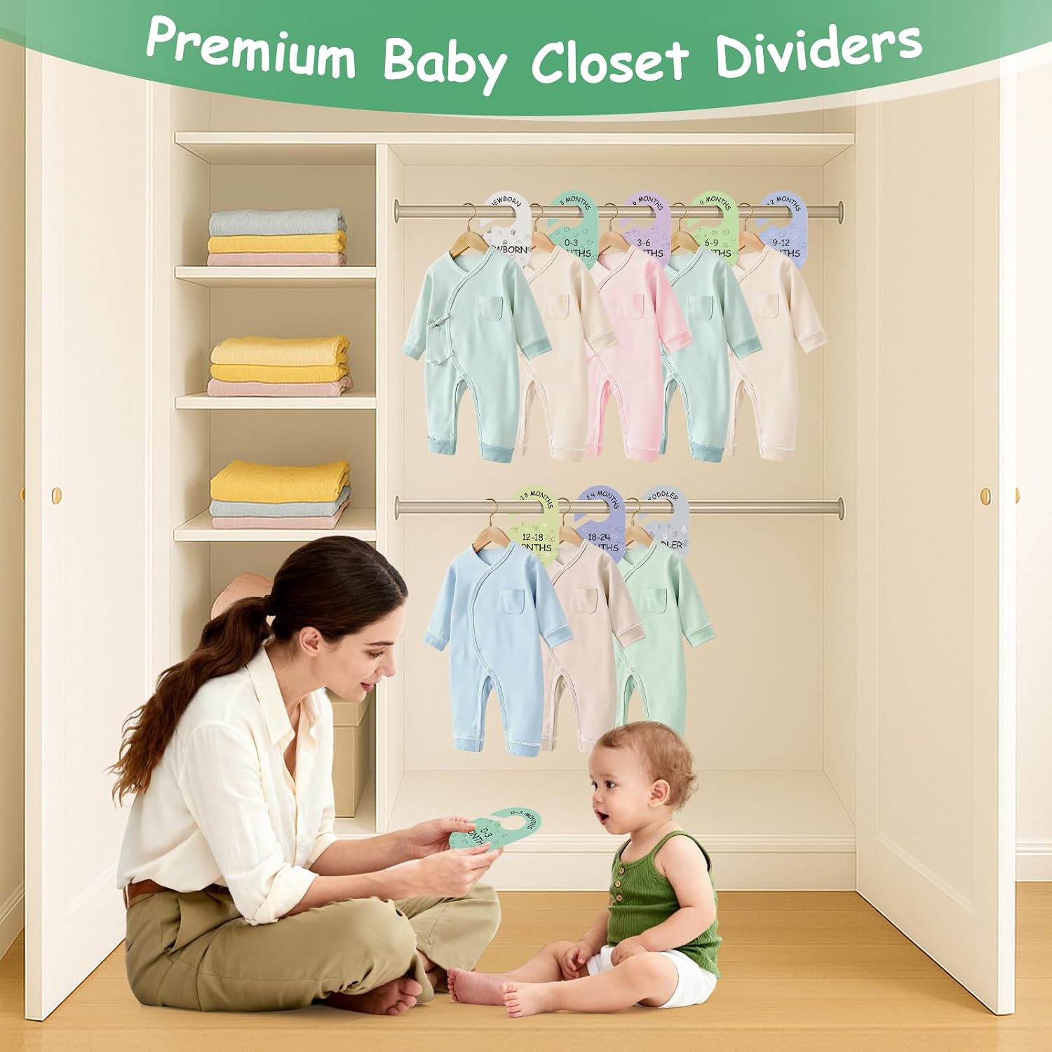 Baby Closet Dividers for Clothes Organizer, 8 PCS Double-Sided Cute Hanger Dividers for Newborn to Toddler, Baby Clothes Size Dividers for Boys & Girls
