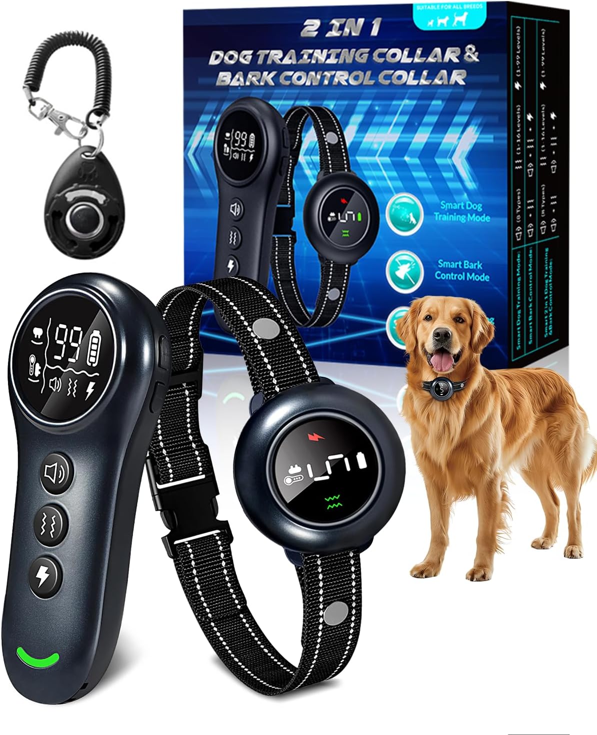 2-in-1 Shock & Bark Collar with Remote (3300ft) - IP67 Waterproof