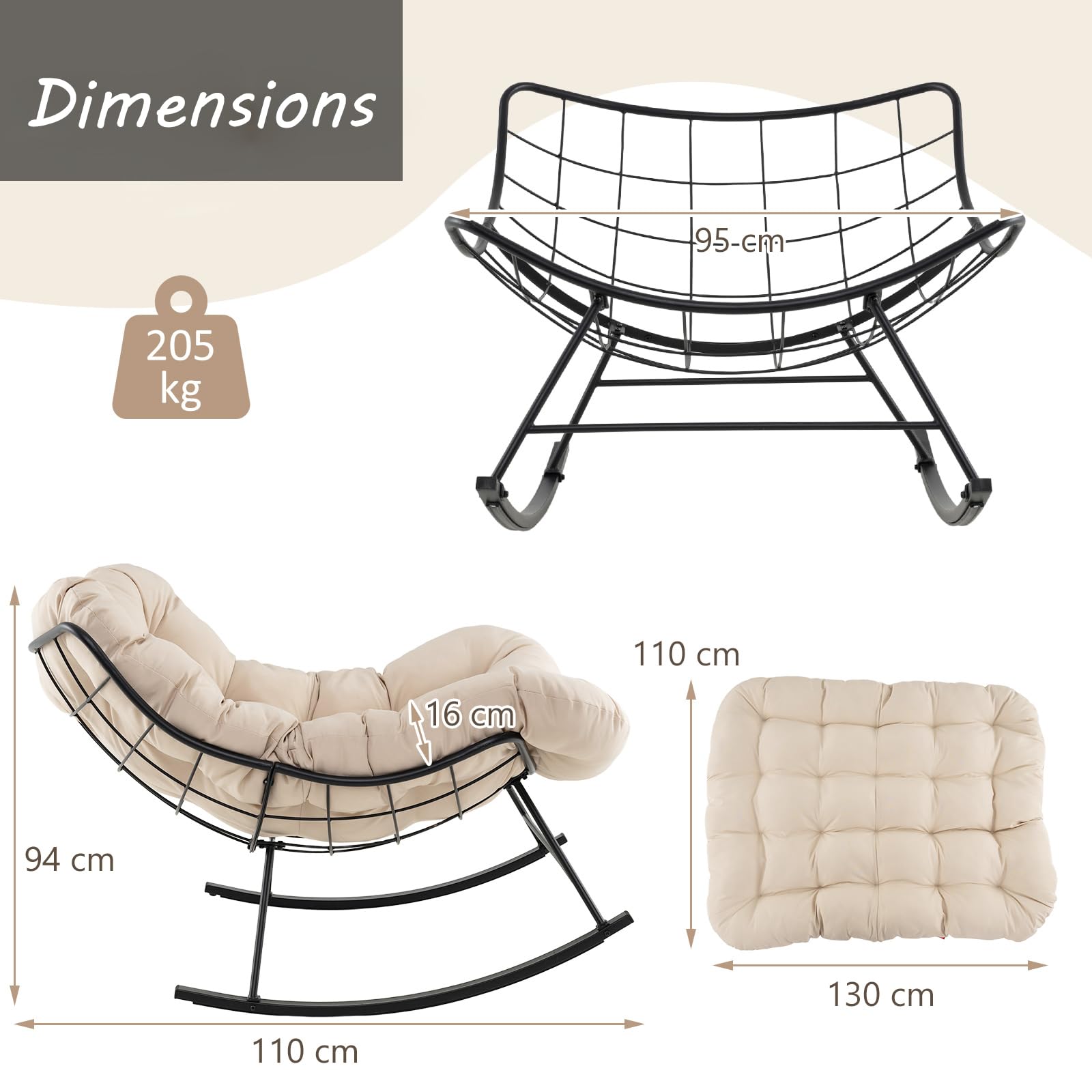 RELAX4LIFE Fauteuil à Bascule de Jardin, Chaise Papasan avec Coussin et Cadre en Métal pour Intérieur et Extérieur, Charge 205KG pour Chambre Salon Porche Jardin Terrasse (Beige)
