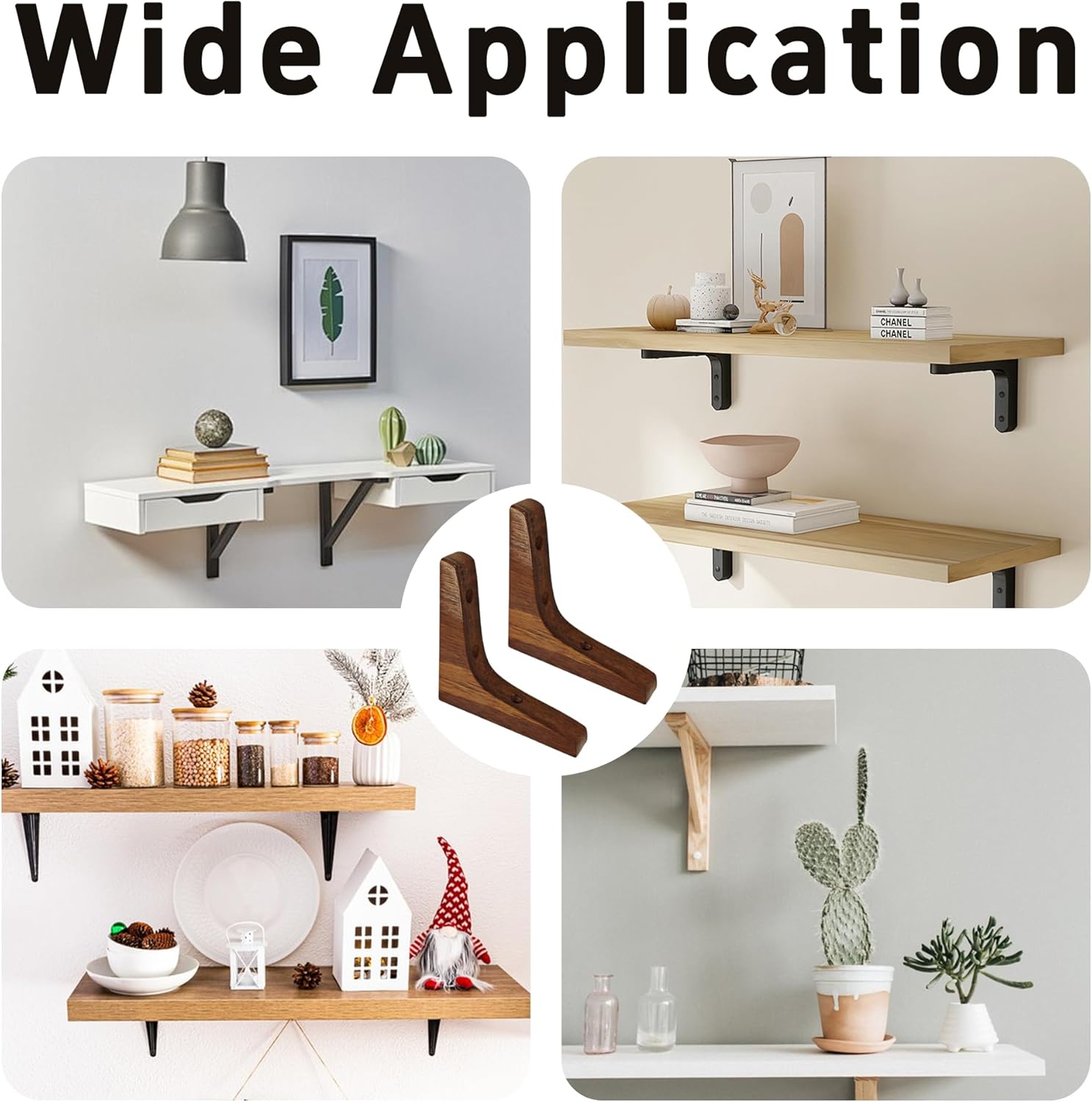 2Pcs 3.7"×3.7" Wooden Triangle Shelf Brackets, Decorative Solid Wood Wall Mount Corner Brace Supports, Wooden L Shape Corbels for Kitchen Cabinets, Bookshelves, Countertops, Dark Brown