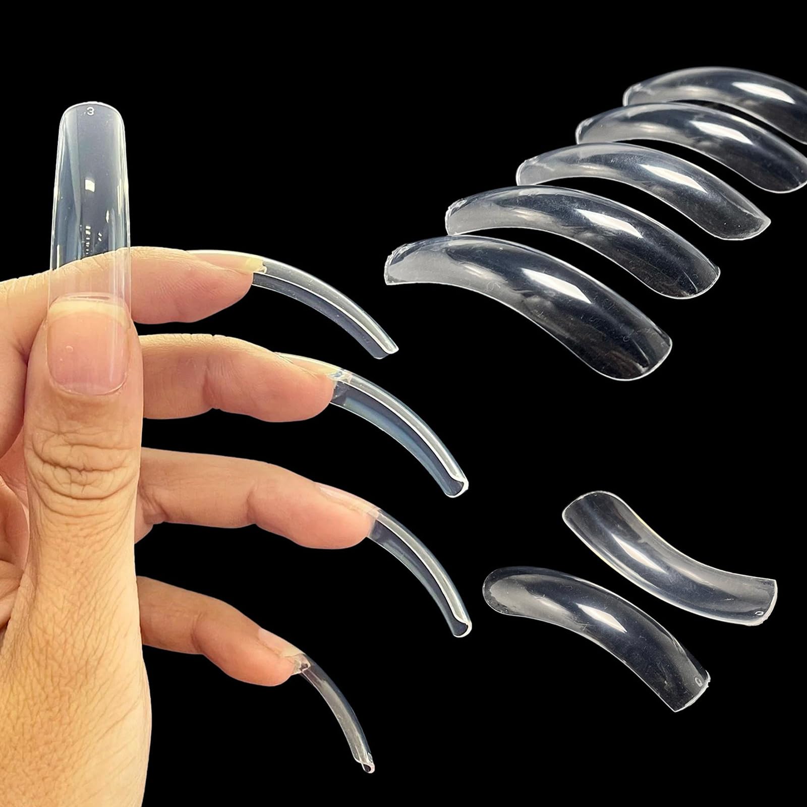 Wellquinn Curved Square Nail Tips Full Cover Nails XXL Clear Press on Extra Curve Acrylic False Nails for Nail Extension 500Pcs 10 Sizes