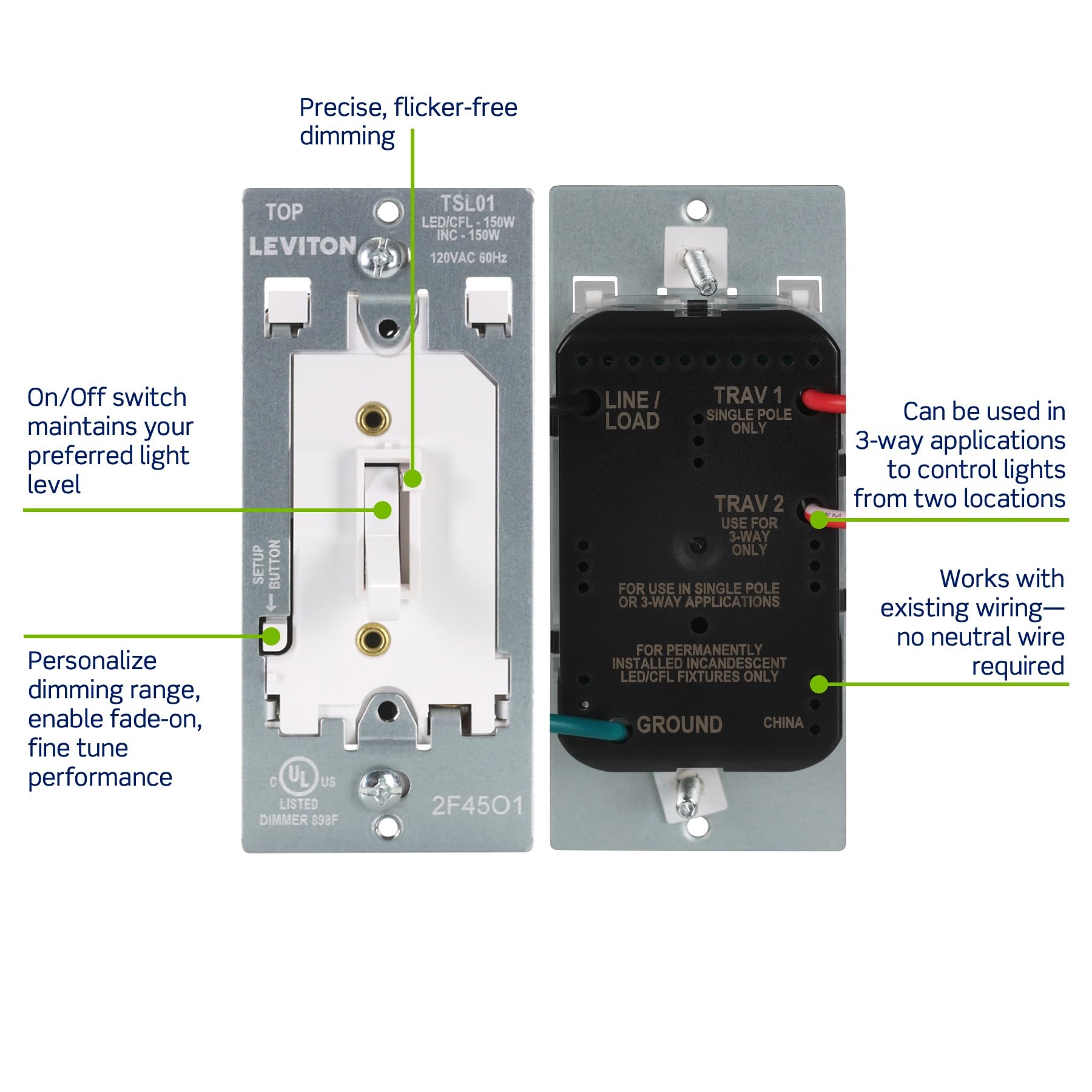 Leviton Toggle Slide LED Advanced Dimmer Switch for 150W Dimmable LED, Halogen and Incandescent Bulbs and Fixtures, TSL01-W, White - 4