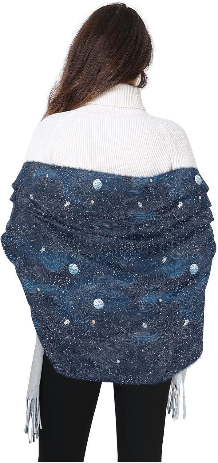 Winter Scarf for Women Universe Astronaut Planet Fashion Tassel Shawl Wraps for Women, Cold Weather Warm Womens Scarves Soft Long Scarf Gifts