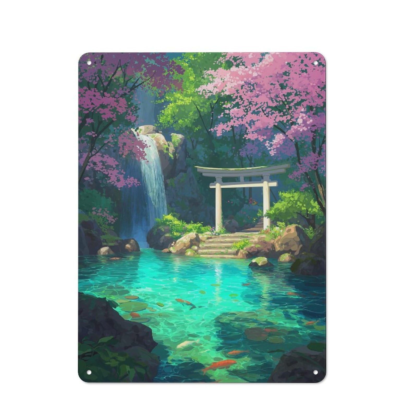 Junmoney Waterfall Shrine Cherry Blossom Vintage Tin Sign 40X30cm For Pub Or Café, For Everyday Room Decor With A Vintage Look