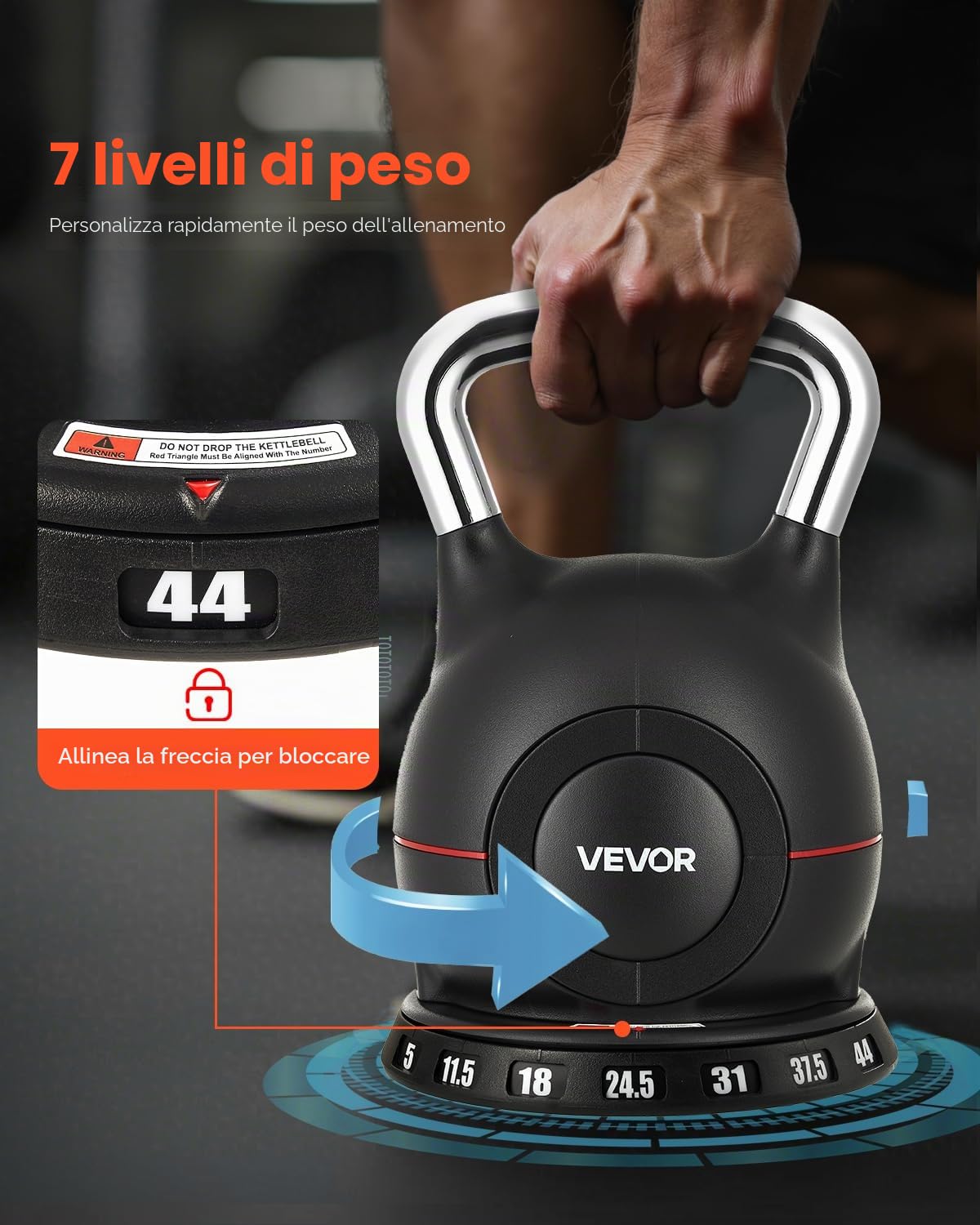 VEVOR Kettlebell, Kettlebell regolabile con 7 livelli di peso, alluminio pressofuso e materiale ABS, per allenamento della forza di presa, allenamento completo del corpo e cross-training