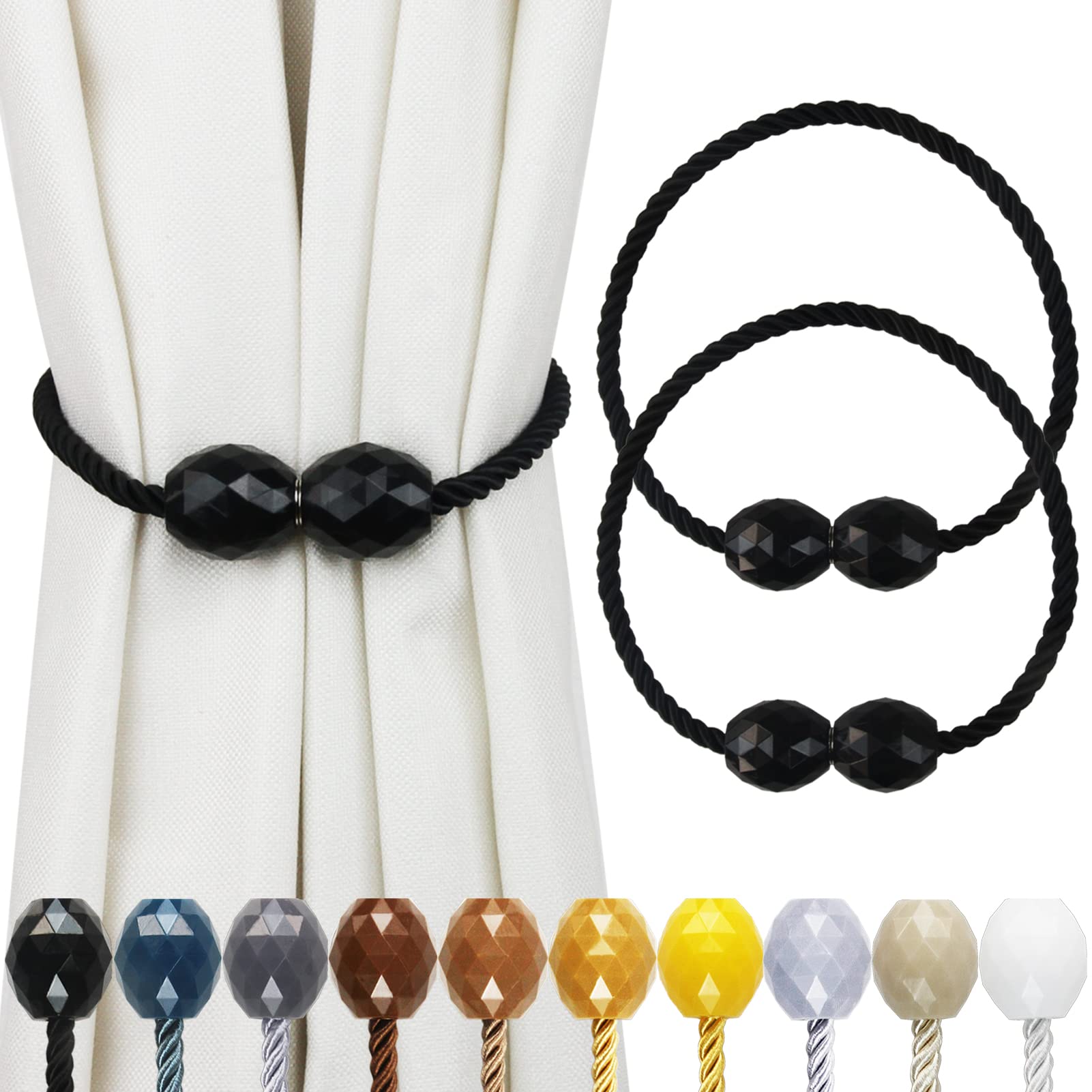 Strong Magnetic Curtain Tiebacks 2 Pack Decorative Tie Backs Outdoor Curtain Rope Tiebacks Elegant Curtain Holdbacks for Drapes Black