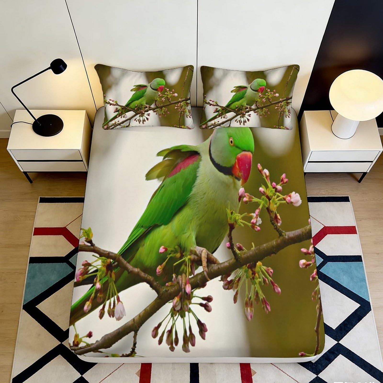 Uynsixtme Style-7 3D Printed Bird Blossom Fitted Sheet Microfiber Deep Pocket Non-Slip Bedroom Bird Mattress Fitted Cover Full Wrap Washable Home Use 140X200x25cm
