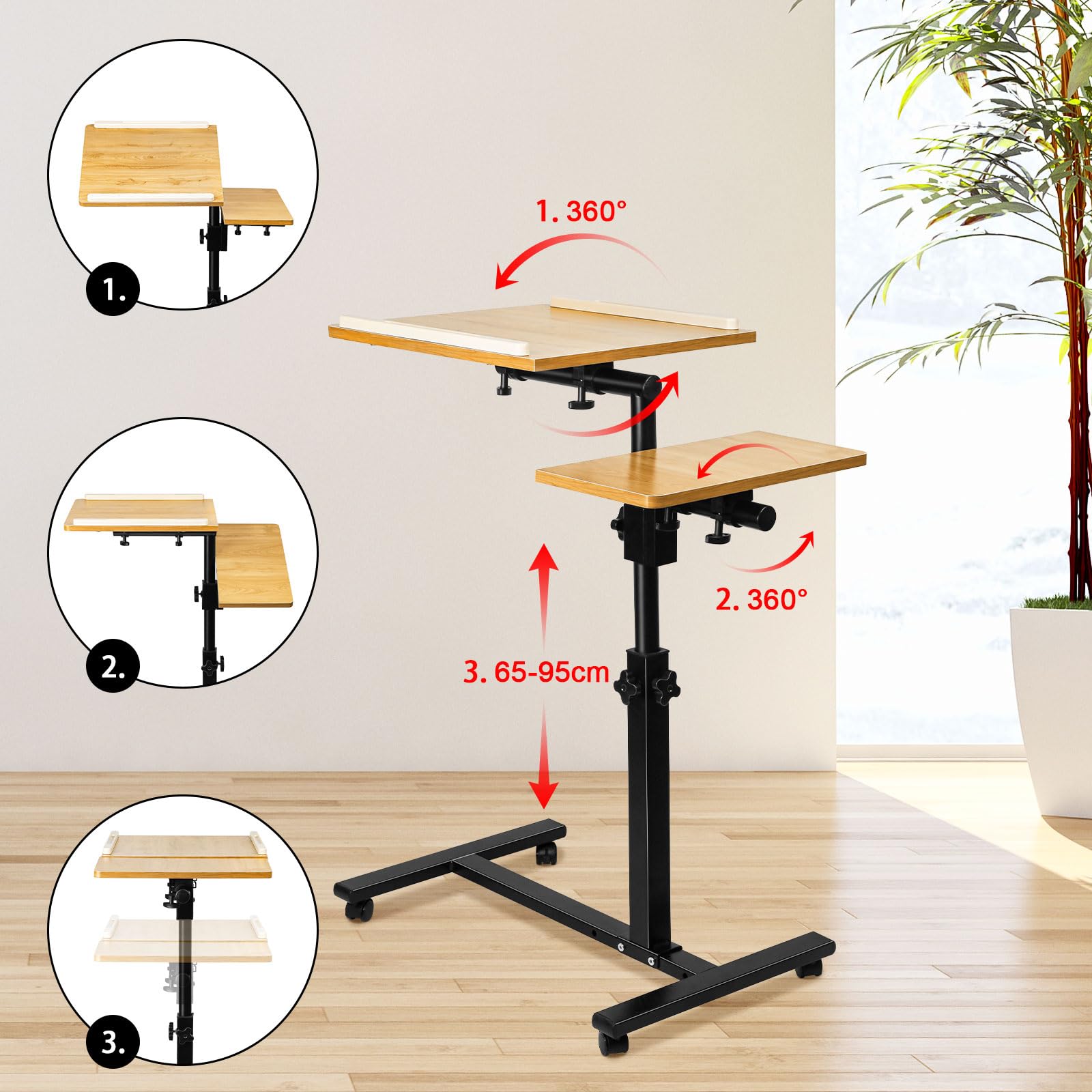 OHMG Table de Chevet à Roulettes Réglable 2 Plateaux pour Fauteuil et Ordinateur Portable