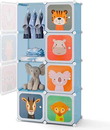 HONEY JOY Armario para niños, organizador de almacenamiento de ropa de dibujos animados para bebés, 8 cubos y 2 secciones para colgar, armario