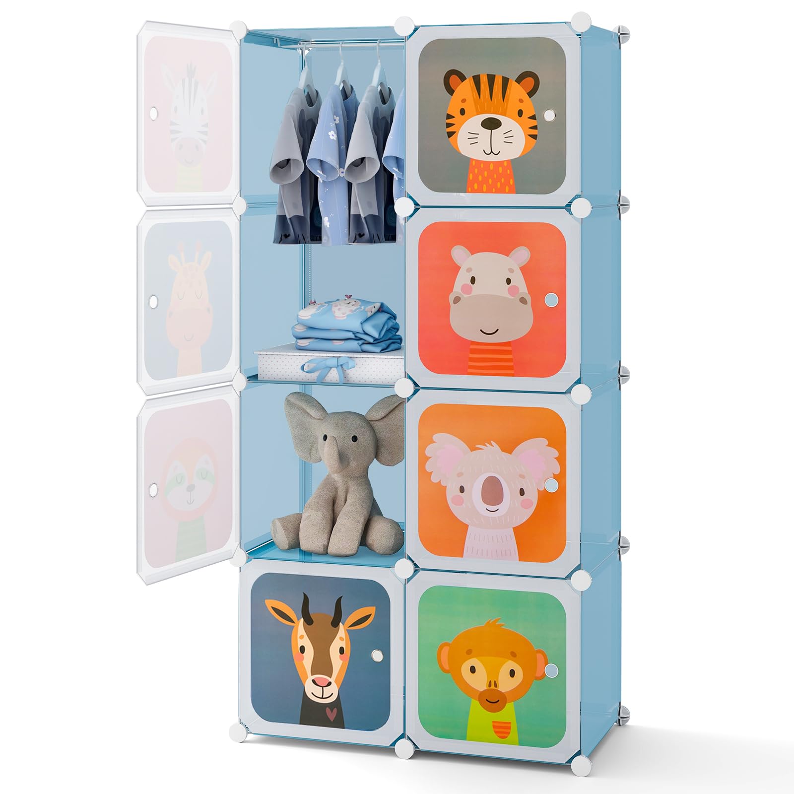 GYMAX Cartoon Clothes Closet, Portable Kids Wardrobe with Hanging Section, 8 Cubes Children Storage Unit for Bedroom Nursery (Blue, 75 x 37 x 145cm)
