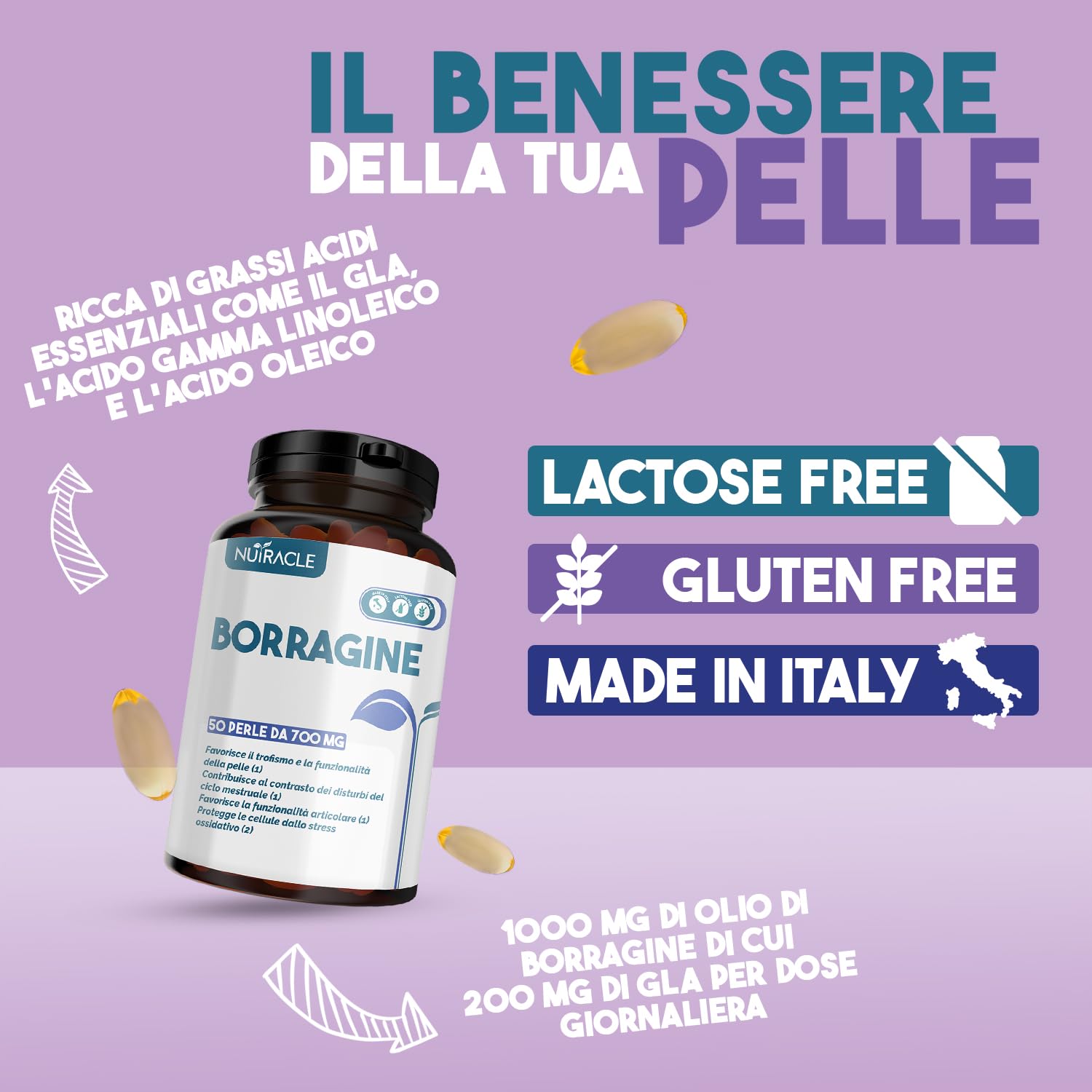 Nutracle Borragine perle da 700 mg Integratore per pelle e capelli - Olio di Borragine ricco di Acido Gamma Linoleico (GLA 20% Omega 6) Disturbi ciclo mestruale, acne (50 perle (confezione da 1))