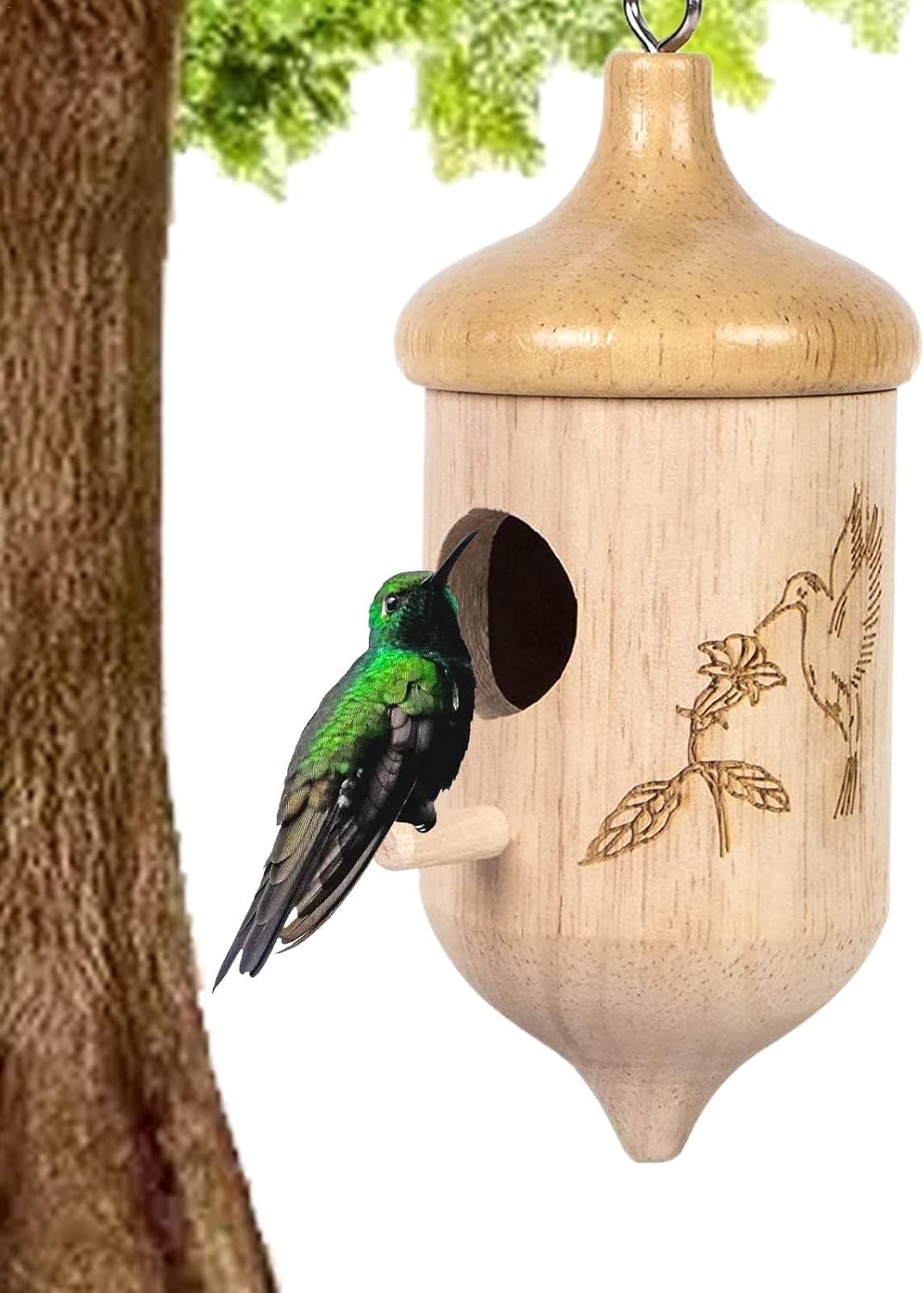 BAOK Casa de colibrí para exteriores, casa de colibrí de madera para colgar en el exterior, casa de pájaros de madera para decoración de jardín interior y exterior, gorrión de golondrina Wren