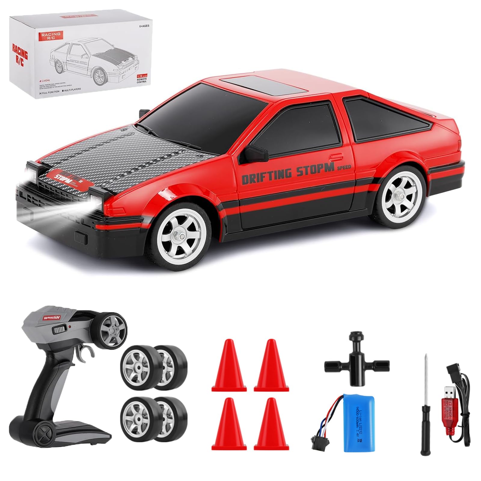 Dodoore Remote Control Cars 1/16 RC Drift Car 30KM/H 4WD 2.4GHz LED Lights 15 Min Fun Time Replaceable Tires High Speed Racing Car Rechargeable Gifts for Teens Adults Red 1 Battery