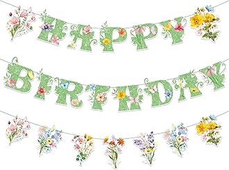 3 Pcs Wildflower Birthday Party Decorations Green Glitter Happy Birthday Banner Colorful Hanging Decor Funny Banner Cutout Garland for Themed Decoration Bridal Shower Garden Party Supplies