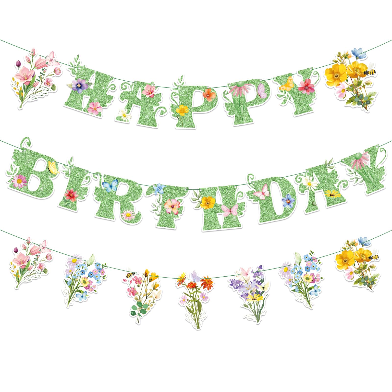 3 Pcs Wildflower Birthday Party Decorations Green Glitter Happy Birthday Banner Colorful Hanging Decor Funny Banner Cutout Garland for Themed Decoration Bridal Shower Garden Party Supplies