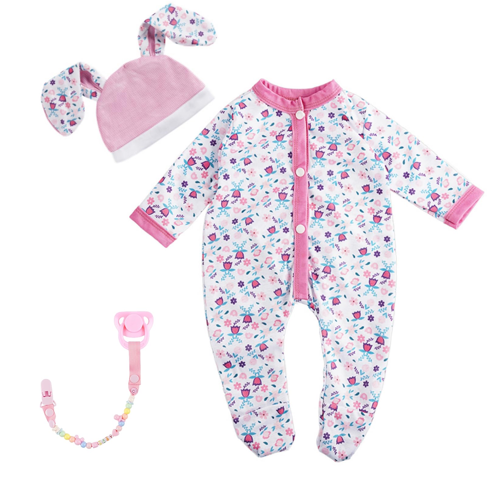 BABESIDE 4 Pcs Reborn Baby Doll Accessories and Clothes for 17-20 Inch Baby Dolls, Pink Floral Doll's Clothes Set with Hat, Pacifier and Chain for