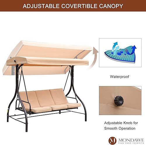 Miniatura 2 de MONDAWE Banco de columpio para patio de 3 asientos con toldo, respaldo convertible al aire libre, porche, cama columpio para adultos, junto a la