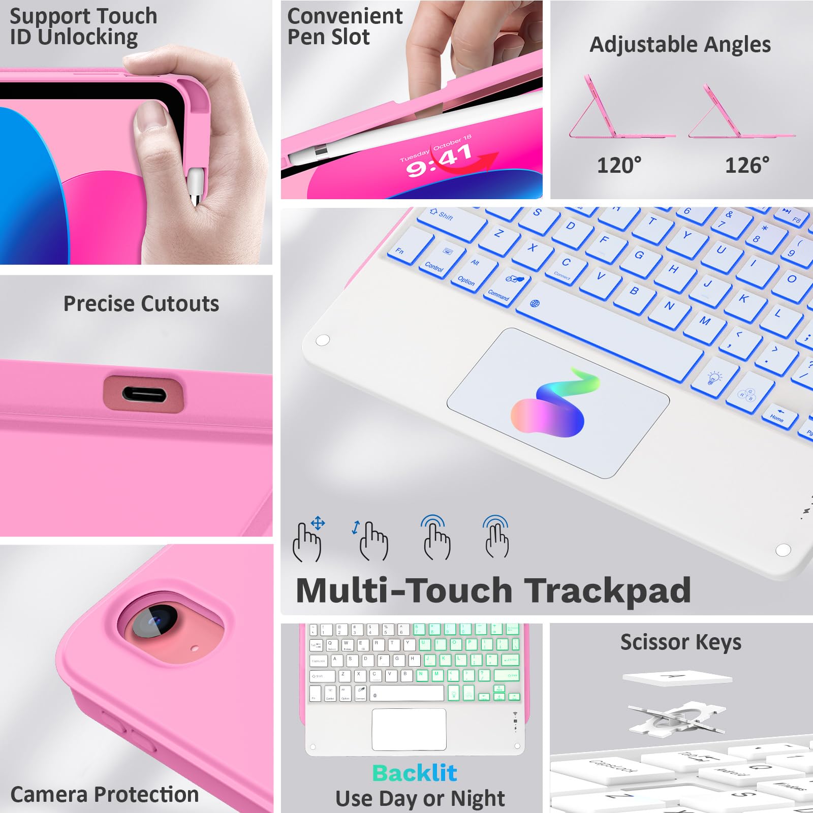 MoKo Custodia con Tastiera Multi-touch per iPad (A16) 11a Gen 11 Pollici 2025, Custodia per iPad 10a Gen 10,9 Pollici con Portapenne, Tastiera Bluetooth Staccabile Retroilluminata a 7 Colori, Peonía