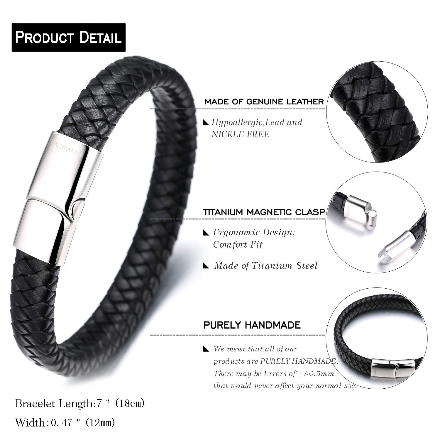 Solo Junior Pulsera de Cuero Marrón/Negro Clásico 6-15 Años Cierre Magnético Titanio Dorado/Plata/Negro 7"+0.7"(18+1.5cm) Caja de Regalo
