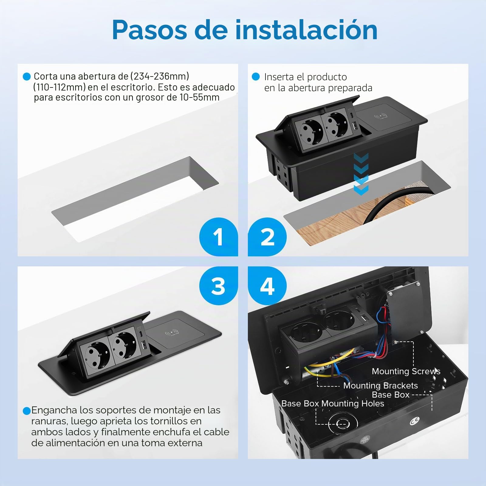 Enchufe retráctil con USB, regleta con cargador inalámbrico, apertura suave, aluminio moldeado, cable de conexión de 1,8 m, enchufe empotrable para cocina, escritorio, mesa de conferencias (negro)