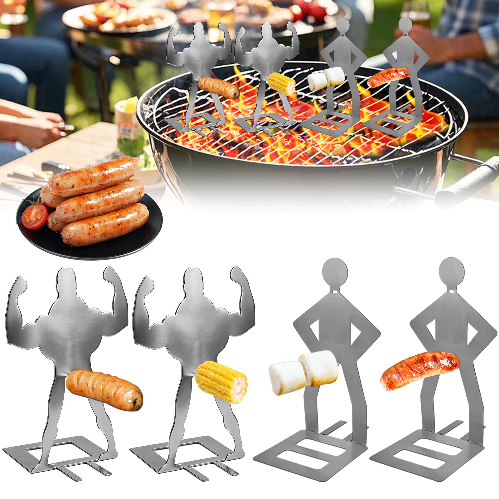 4Pcs Funny Hot Dogs BBQ Tools, BBQ Sausage Holder Man, BBQ Gifts for Men Men Dad Husband, Hot Dog Stand BBQ Accessories Fork Rack for Camping Outdoor Picnic Garden Kitchen.