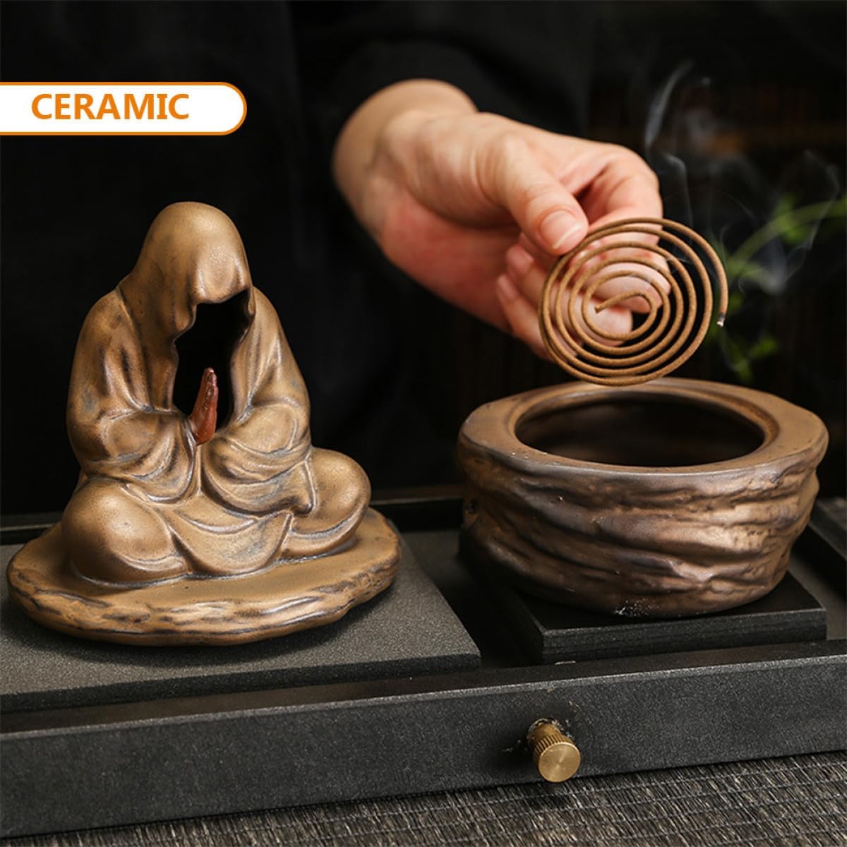 Ceramic Incense Holder for Desktop Tabletop Coil Burner with Gold Accent and Incense Stick Tray Chinese Zen Style for Home Décor and Meditation