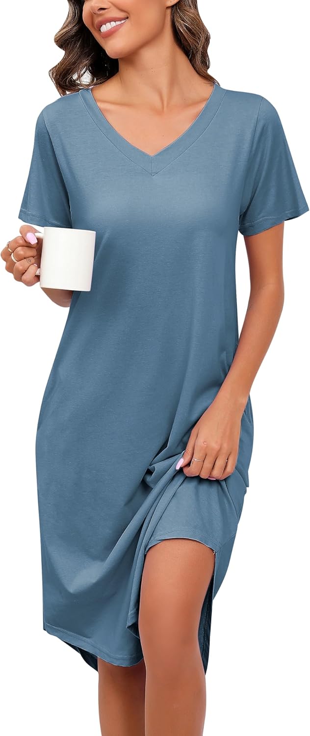 PNAEONG Women Short Sleeve Long Nightgown Soft Cotton Sleepwear Nightshirts Loungewear with Pockets