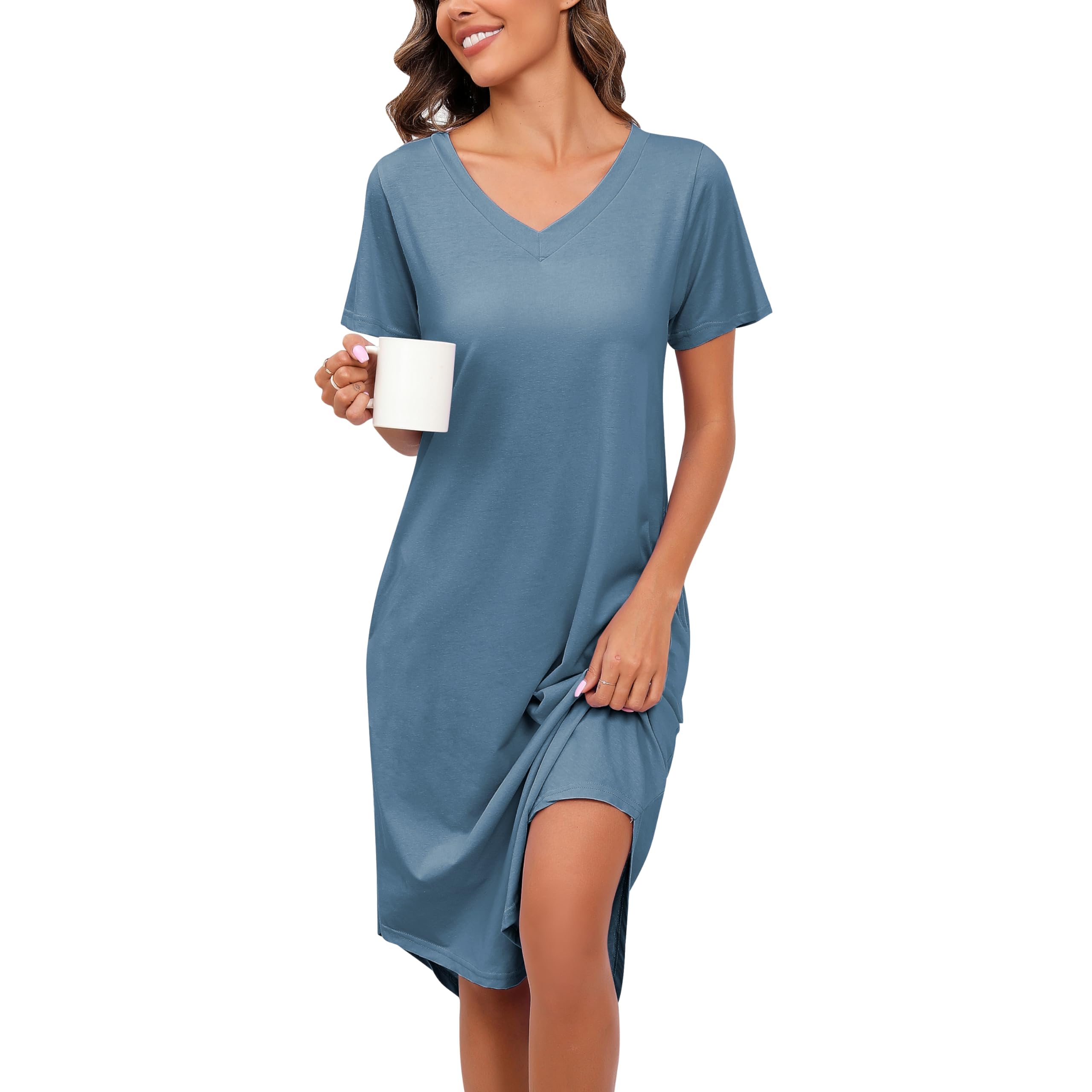 PNAEONG Nightgowns for Women Cotton Short Sleeve Long Nightshirts