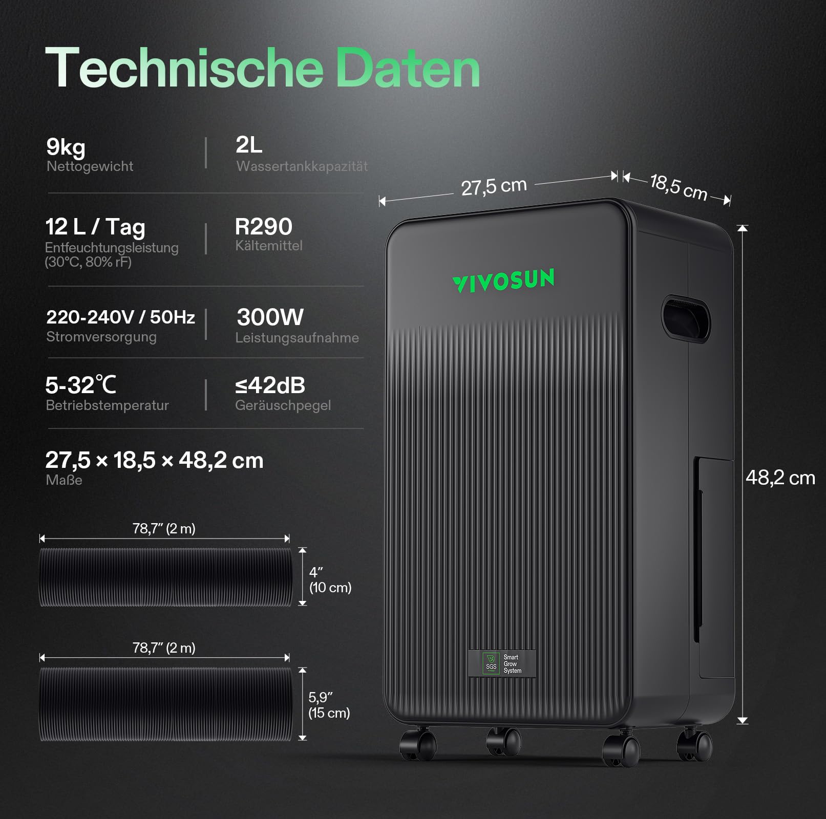 VIVOSUN AeroDrain D12 Luftentfeuchter Elektrisch 12L/Tag mit 2L Tank, Smart Dehumidifier mit Temperatur- & Feuchtigkeitssensor, Fernsteuerung, Ideal für Keller, Badezimmer & Growzelt