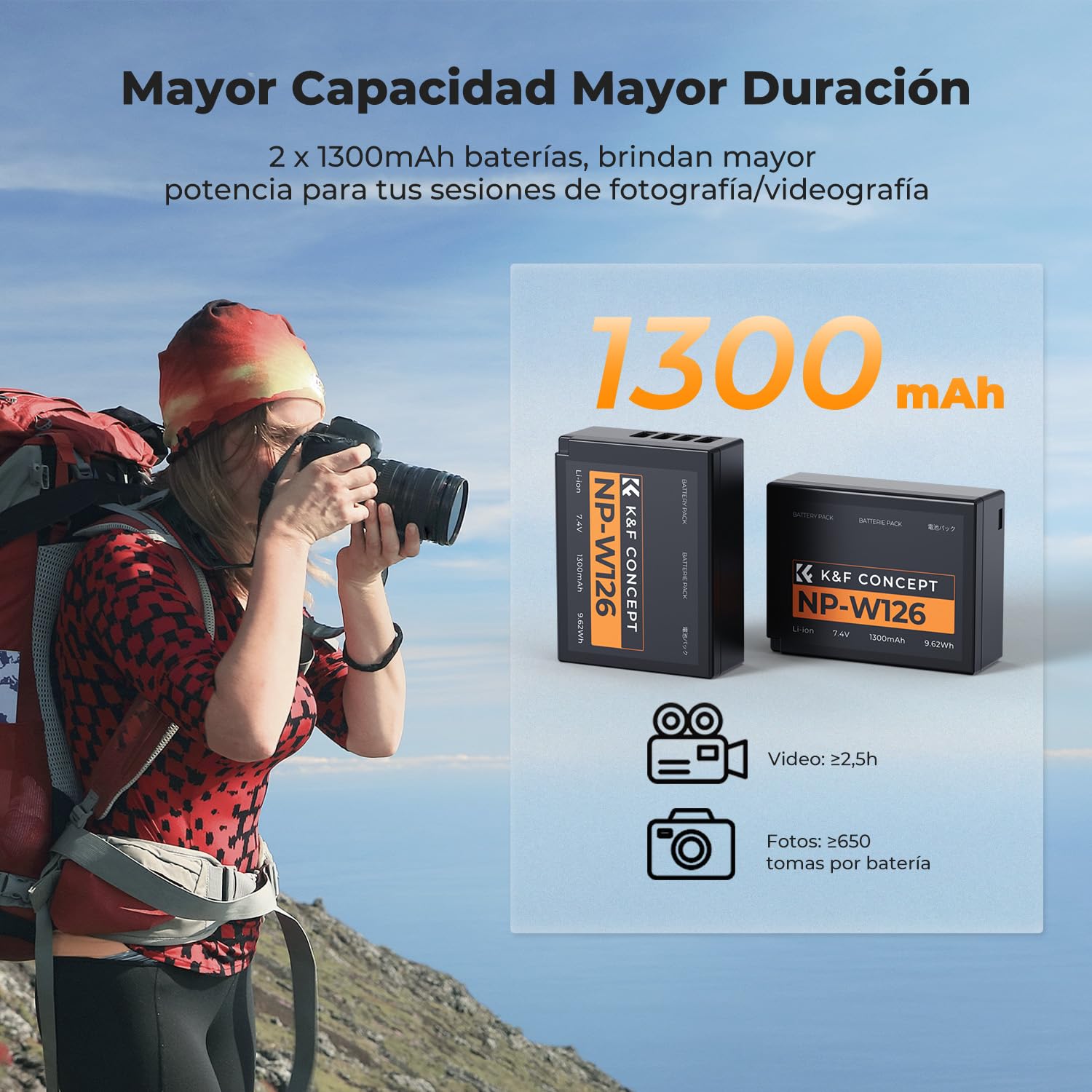 K&F CONCEPT NP-W126 NP-W126S Batería 2x1300mAh Compatibile con Fujifilm XM5/X100VI/X100V/XS10/XT30/XT30 II/XT20/XE4/A5, Cargador Rápido de Doble Ranura con Entradas Type-C y Micro-USB