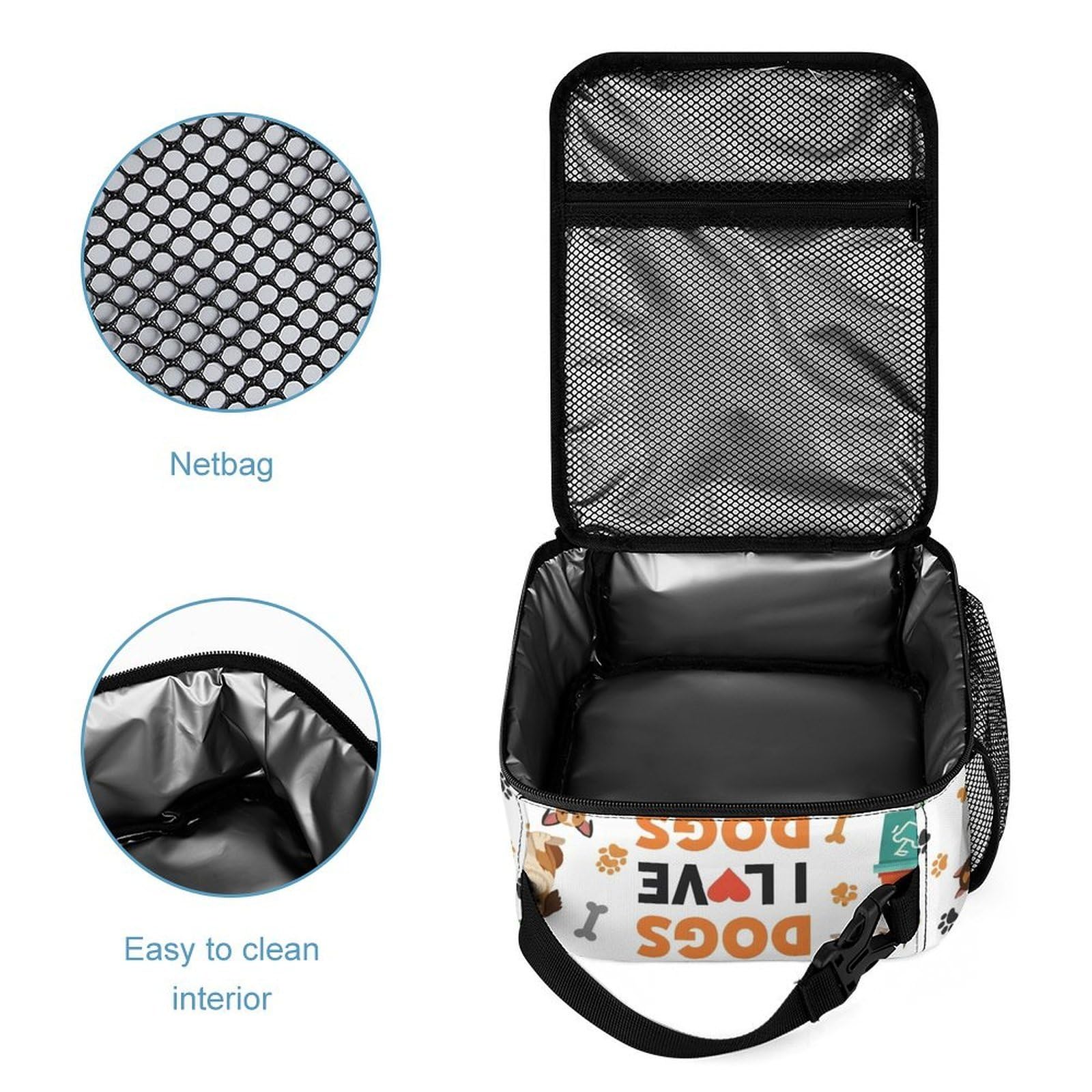 Ensemble sac à dos avec boîte à lunch, trousse de maquillage, motif chiens et rangement.
