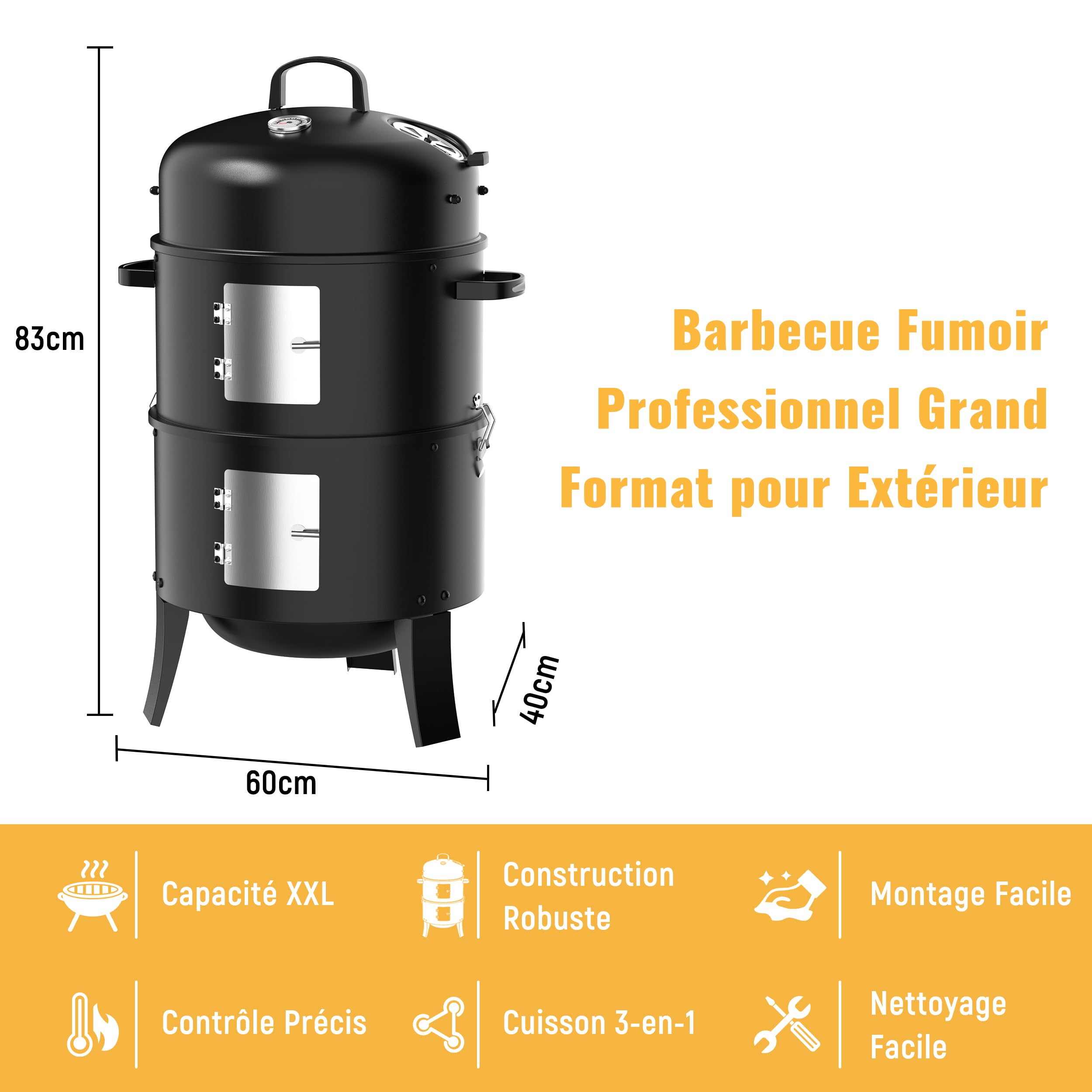 Barbecue Fumoir 3 en 1, Smoker Fumoir au Charbon pour Fumoir Viande et Poisson, Version A Froid avec Thermomètre et Évacuation d'Air Réglable, Barbecue charbon 2 Grilles Inox
