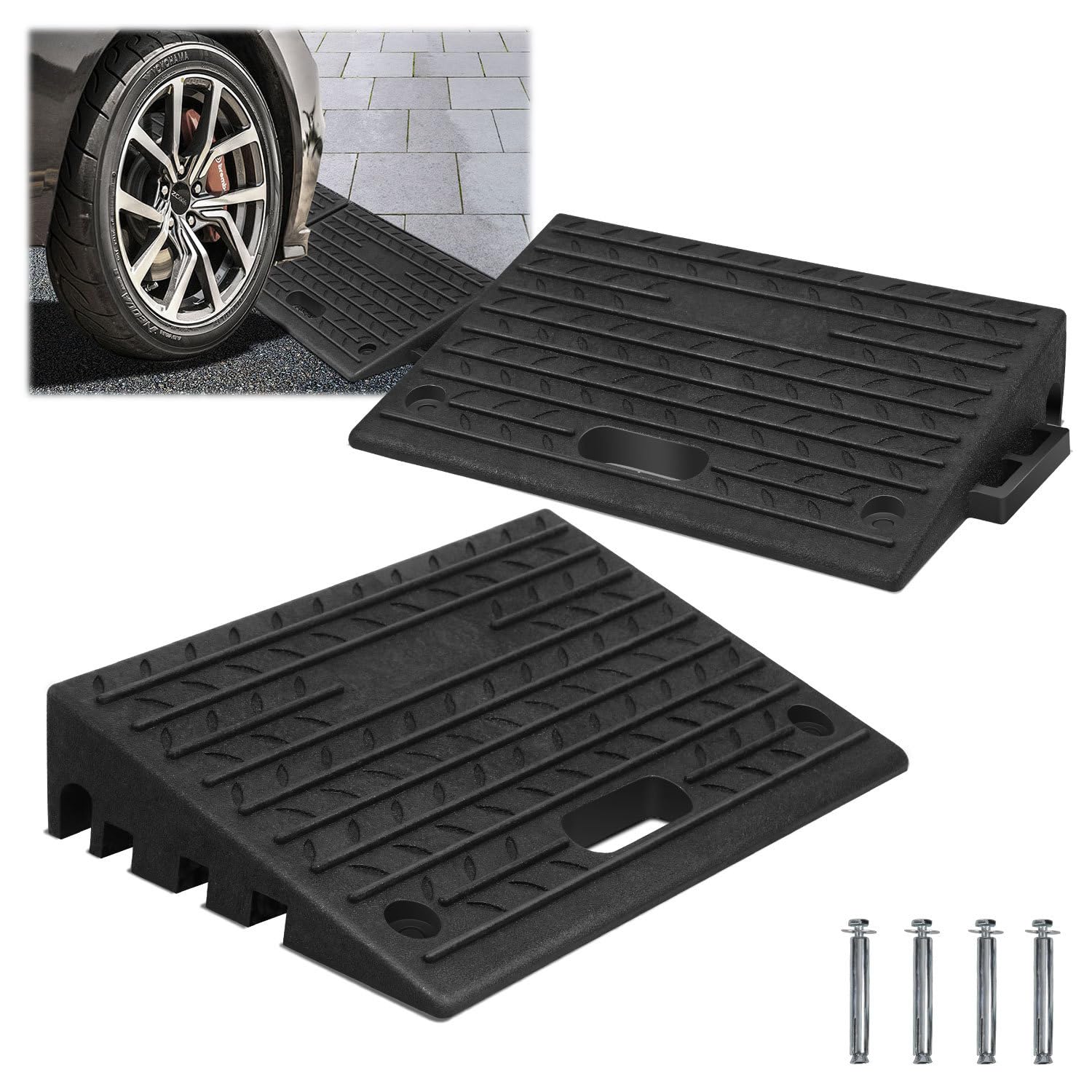 2 Stück Bordsteinrampe Gummi (10 cm hoch) – tragbar mit Griff, Auffahrrampe für Rollstuhl & Auto, rutschfeste Türschwellenrampe, max. Belastung 5 Tonnen, inkl. Montageset (50x32x10 cm)