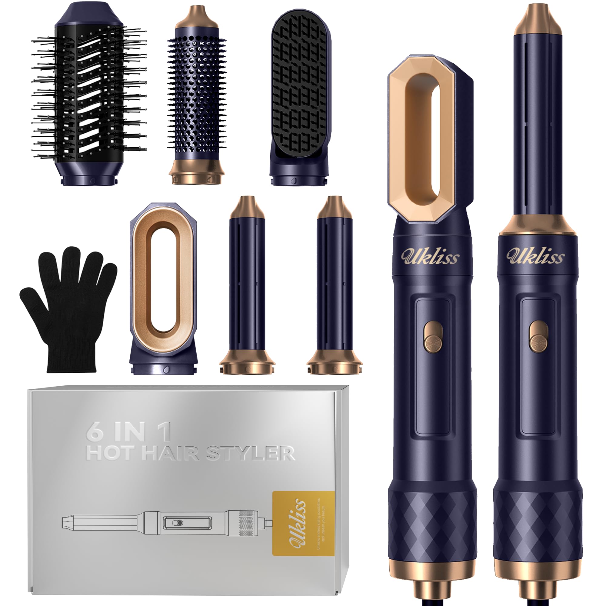 UKLISS Haarstyler 6 in 1, Hairstyler & Haartrockner mit Airflow Lockenbürste Auto, Hair Dryer Brush, Rundbürstenföhn, Warmluftbürste, Haarföhn, Geschenke Set für Frauen Haarstyling - Pro Blau