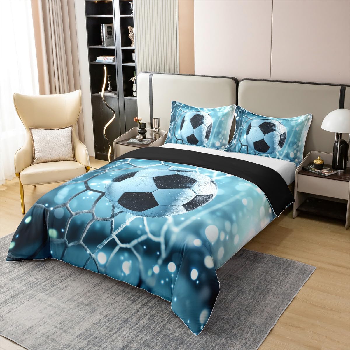 Homewish Piłka nożna 100% bawełniana poszewka na kołdrę podwójne boisko do piłki nożnej zestaw pościeli dla dzieci chłopców mężczyzn bramka w kropki jasnobiała jasnoniebieska poszewka na kołdrę miękka