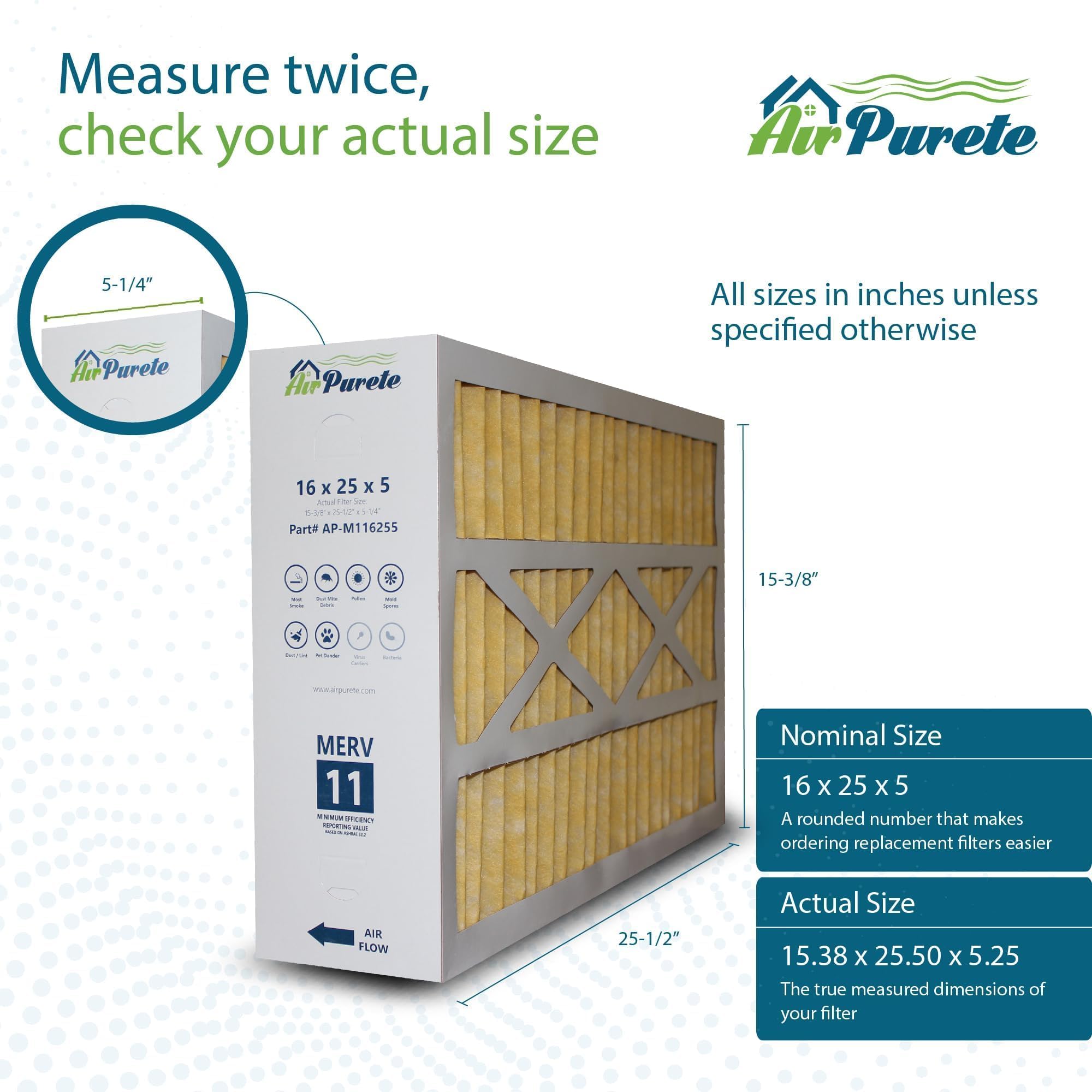 M1-1056 Replacement Filter | AirPurete AP- M116255 | Actual Size 15 3/8