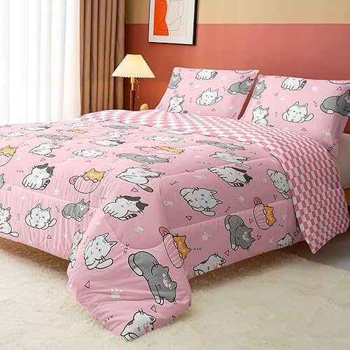 Datura home Juego de ropa de cama de edredón de gato kawaii rosa para niñas, bonito estampado de gatitos, con 1 y 2 fundas de almohada para Rosa