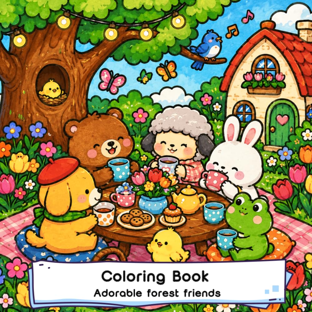 Fantasy Forest Coloring Book for Adults and Kids: Bold and Easy Designs for Relaxation Featuring Cute Woodland Animals, Magical Forest Friends, ... Cat and frog and koala... animal party