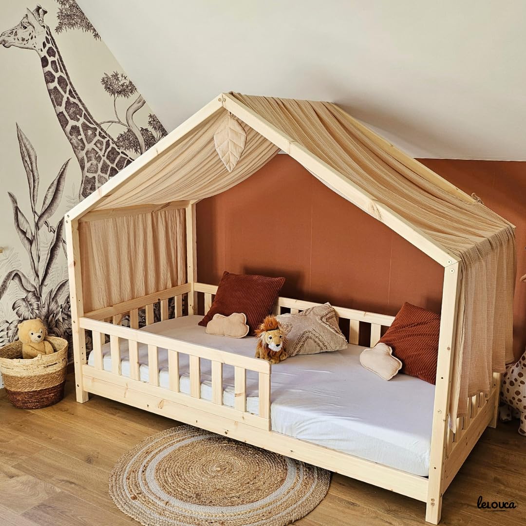 Ciel de lit cabane,100x350 cm, Coton Biologique Beige, décoration pour Chambre bébé ou Enfant. Inclus : 1 Toile lit cabane; 1 Feuille de décoration et Les Attaches Pratiques.