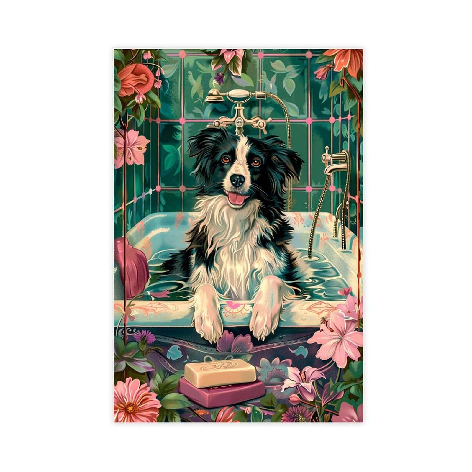 Oquajk The Border Collie Is Taking A Bath. Canvas Poster Wall Art Decor Print Picture Paintings For Living Room Bedroom Decoration 16X24inch(40X60cm)
