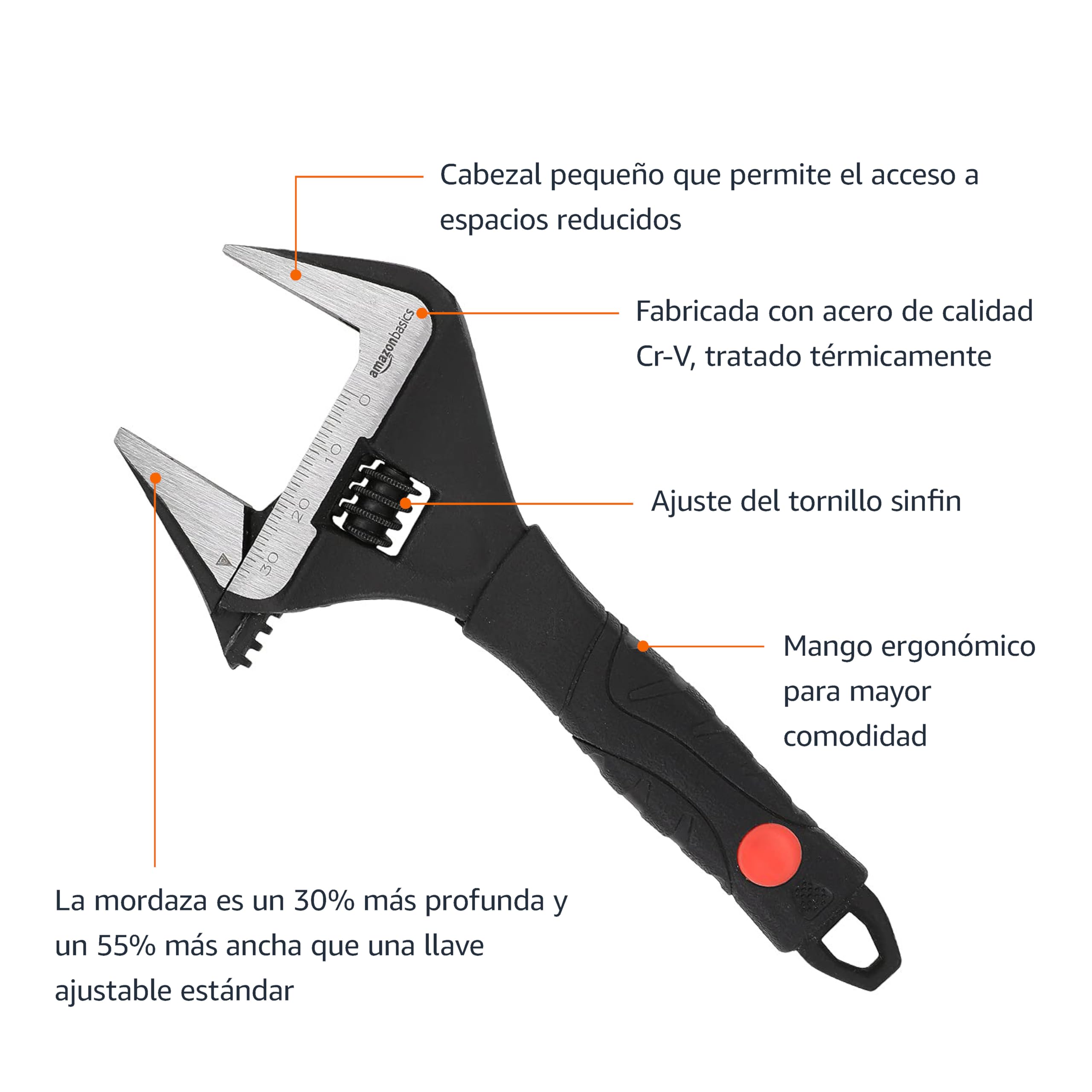 Amazon Basics Llave de boca ancha ajustable para fontanería con agarre suave, 16.1 x 7.2 x 1.5 cm