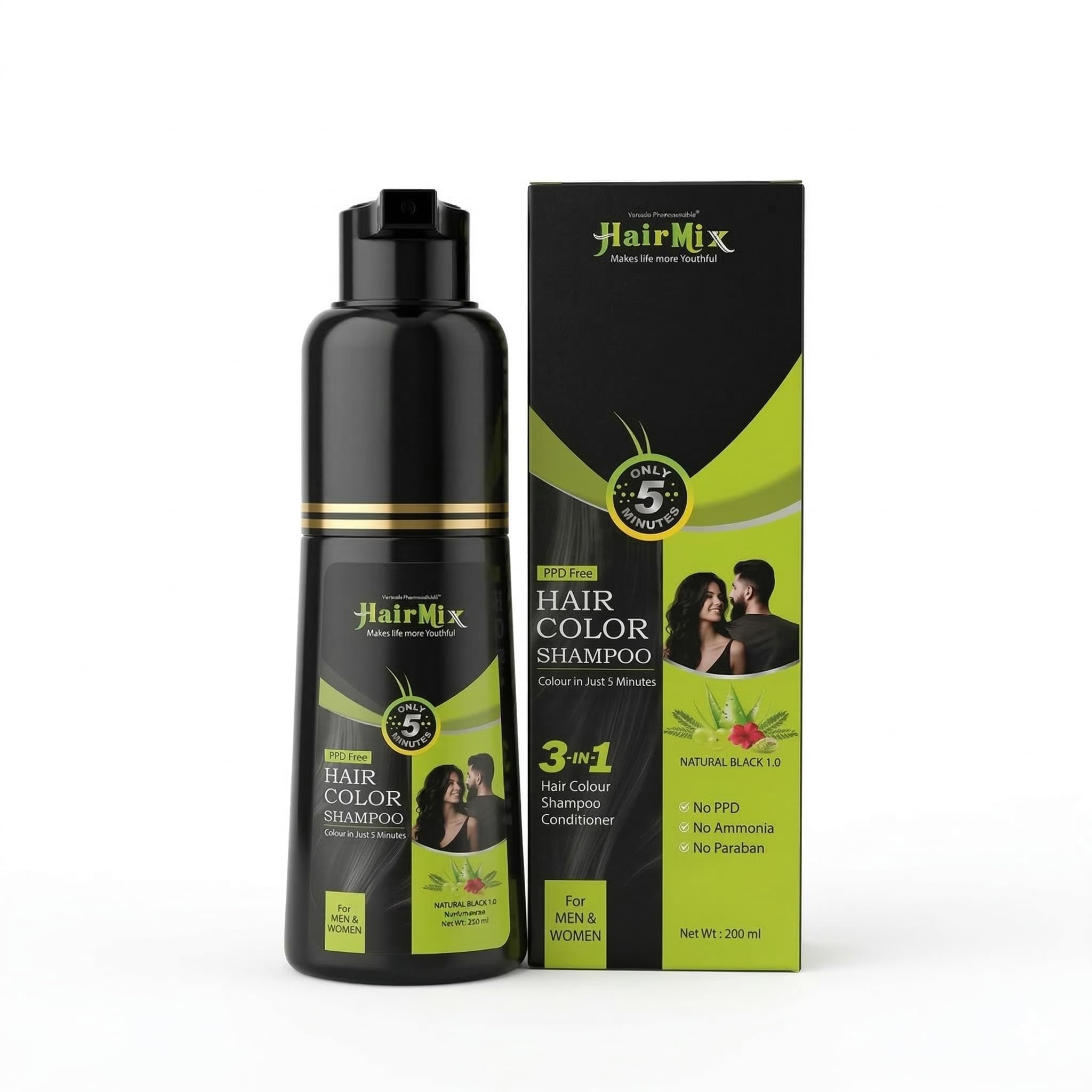 PPD Free Hair Colour Shampoo -200ml, Natural Black, Ammonia & Paraben free, 5 minutes HairColor for Men & Women, Vegan & Cruelty -Free, 3 in1- Color, Shampoo & Conditioner-image-1