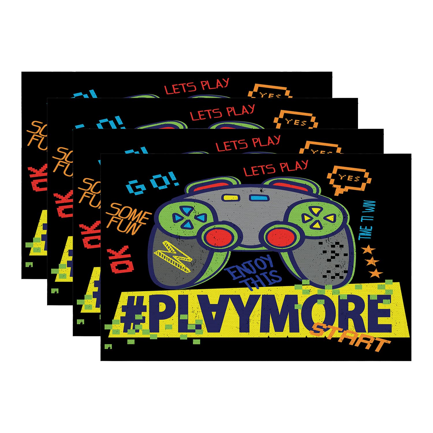 BatmerryGame Gamepad Placemats,Kids Hand Drawn Joystick with Slogan Washable Linen Table Mats for Kitchen Table Double Insulation Decor Dining Set Indoor Outdoor 12X18 in Set of 4