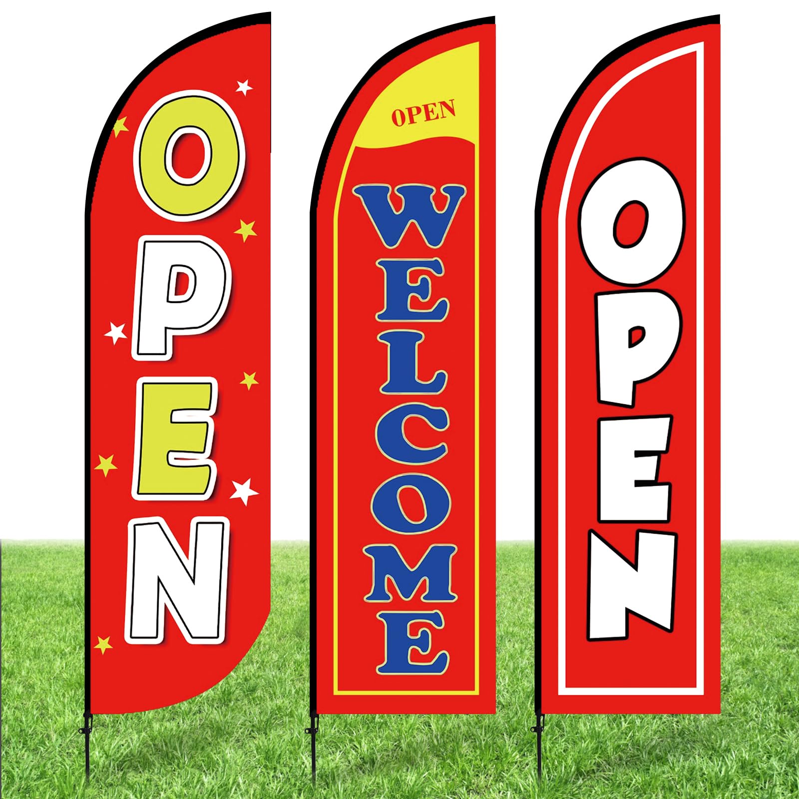 3 Sets Open Welcome Feather Flag Banner for Business Advertising 9.2ft Grand Open Welcome Swooper Flag Sign with Fiberglass Pole Kit Rotating Ground Spike and Portable Bag for Events Promotion