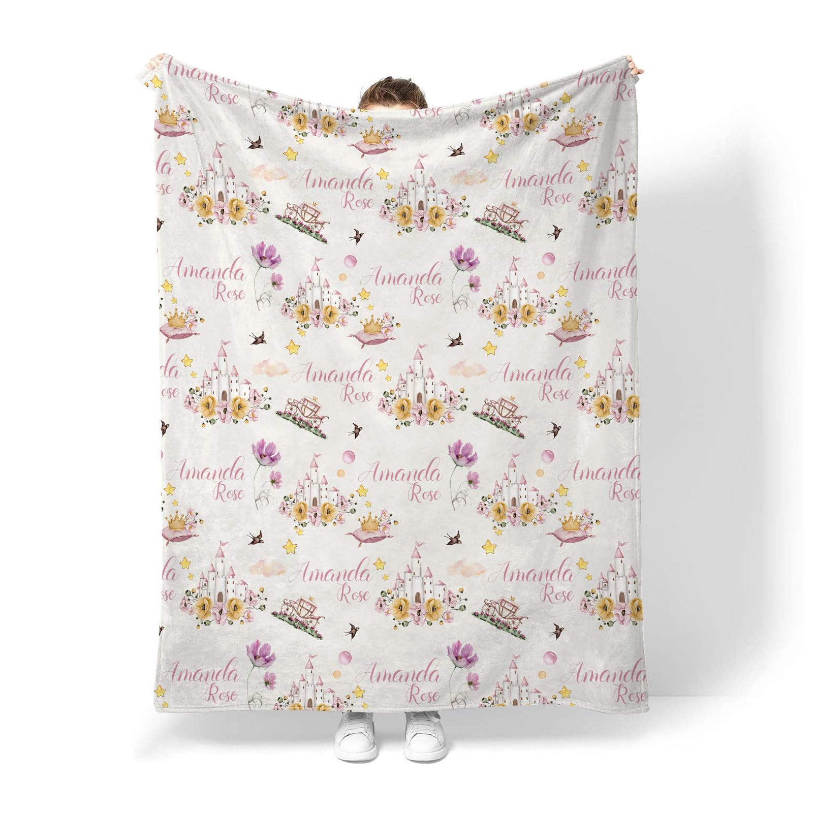 Personalized Baby Blanket with Name - Custom Soft Flannel Fleece for Girls - Princess Floral Nursery Decor Throw - Infant Toddler Newborn