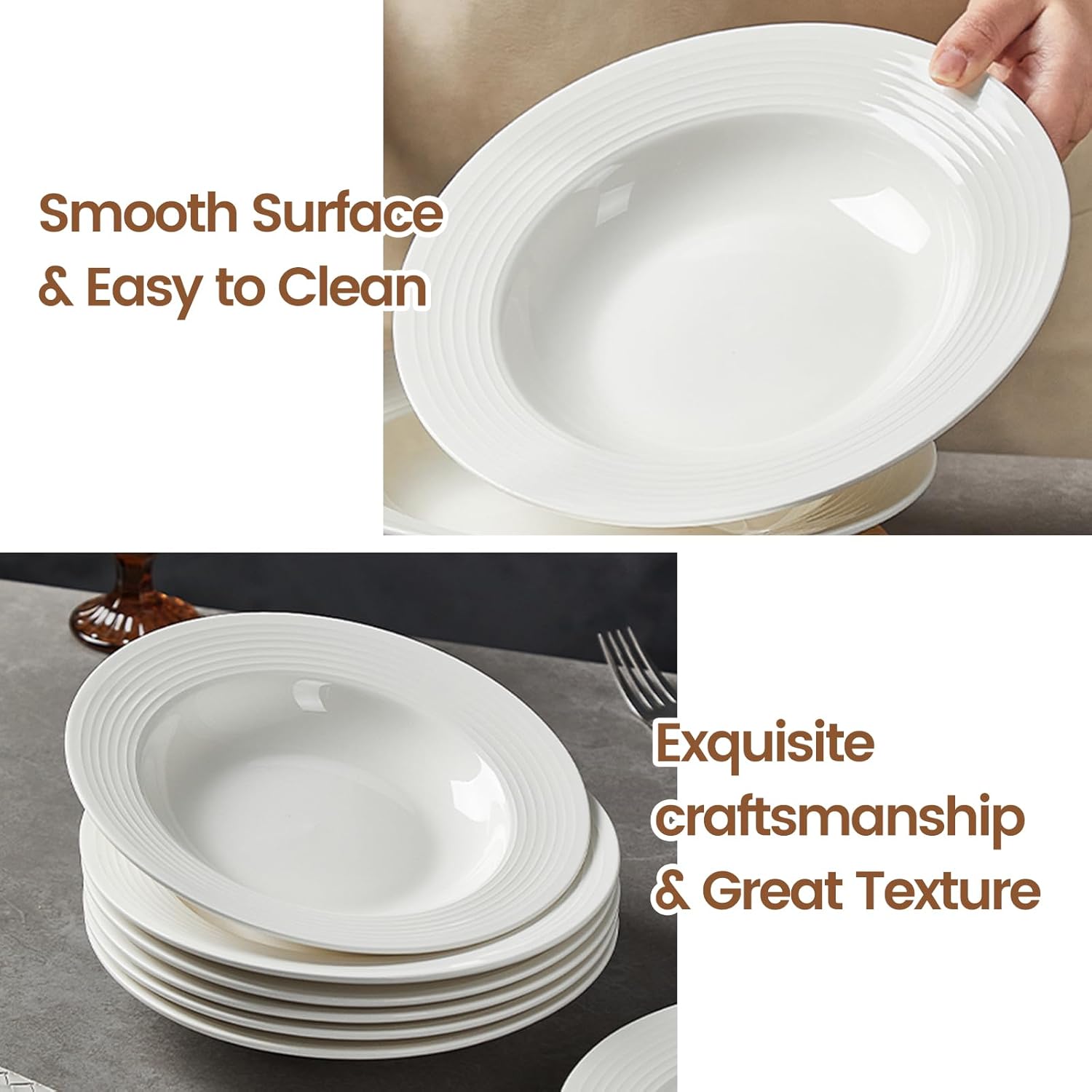 Ceramic Plates Set of 4, 8.5" White Pasta Plates, Ceramic Pasta Bowls, Versatile Microwave & Dishwasher Safe Soup/Pasta/Salad Bowls