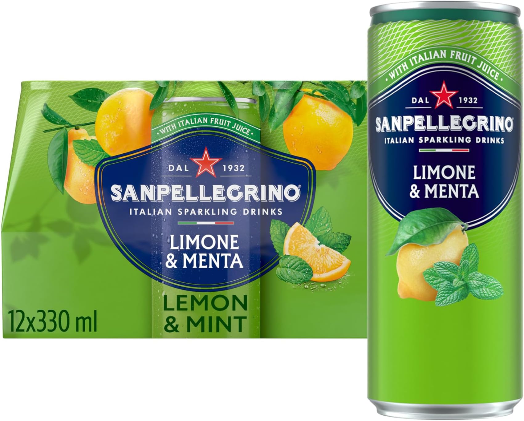 Italian Sparkling Drinks Tastefully Light Sparkling Lemon & Mint Canned Soft Drink 12 x 330ml, 74 kCals per Can