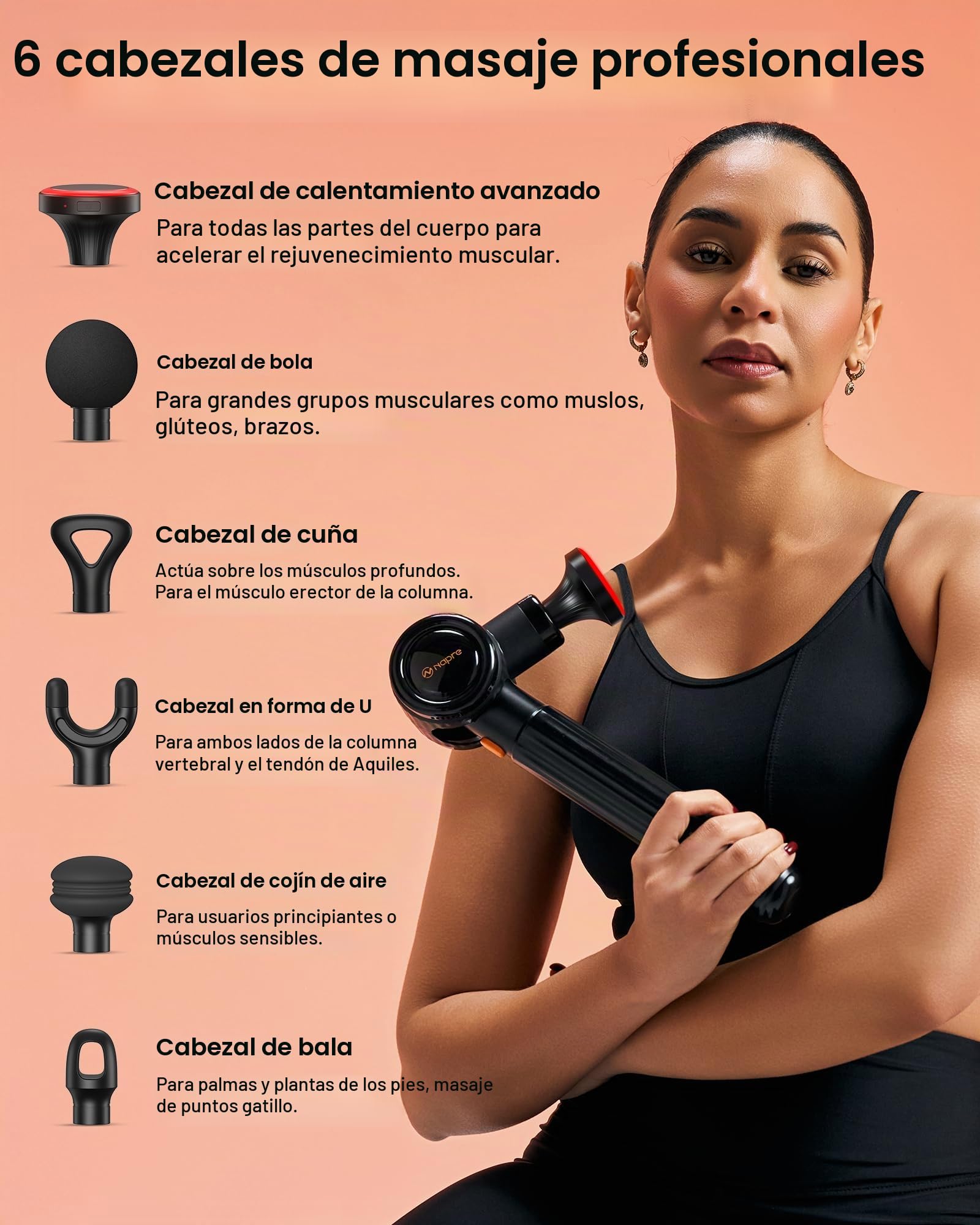 Pistola de Masaje Muscular con Calor y Luz Roja Terapia,Napre Pistola Masaje Muscular con Mango Largo y 3 ángulos Ajustables,Massage Gun Pistola Masajeadora,Masajeador Muscular Cervical Espalda,Negro