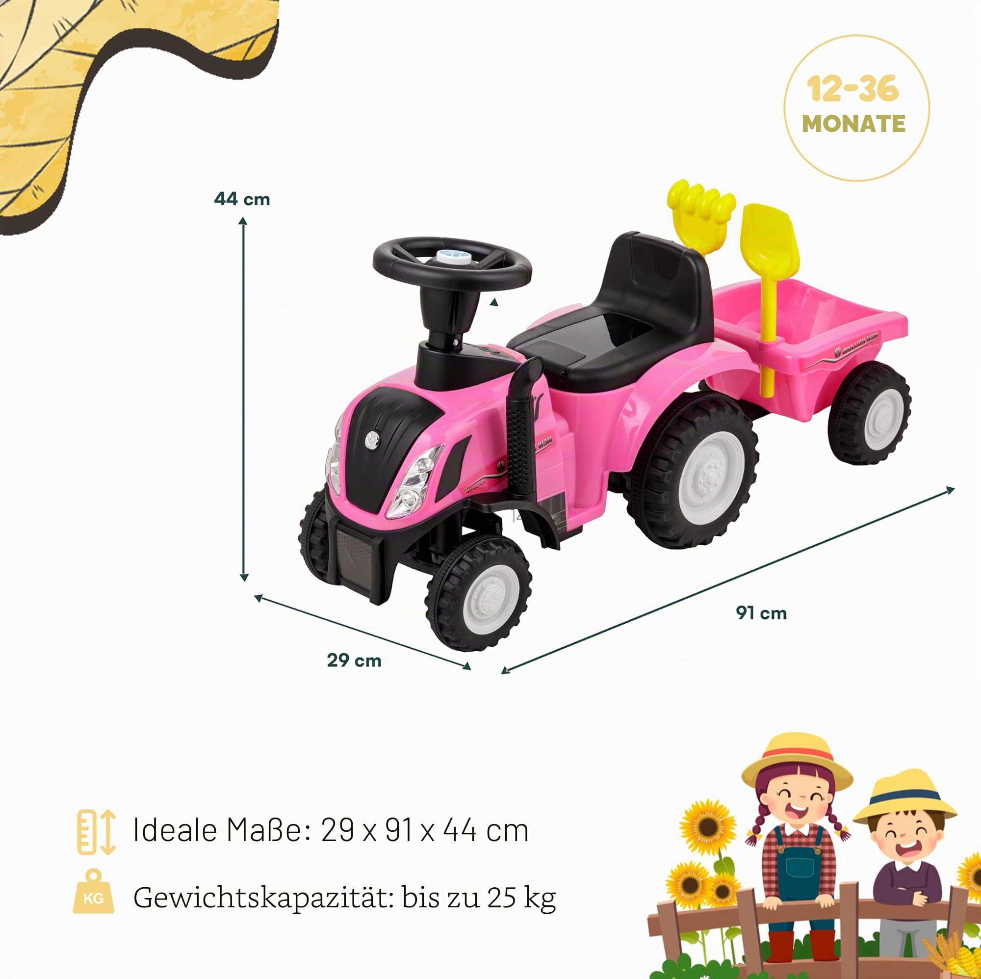Baroni Toys Ride-On Traktor mit Anhänger für Kinder von 12 bis 36 Monat, Traktor mit Lufthupe, Rutschspielzeug, Sounds und Scheinwerfer funktionieren, inkl. Schaufel und Rechen, 29x91x44 cm (Rosa)