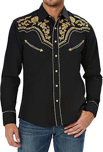 SALVAJE OESTE Camisa vaquera occidental bordada de manga larga casual con botones a presión para hombre